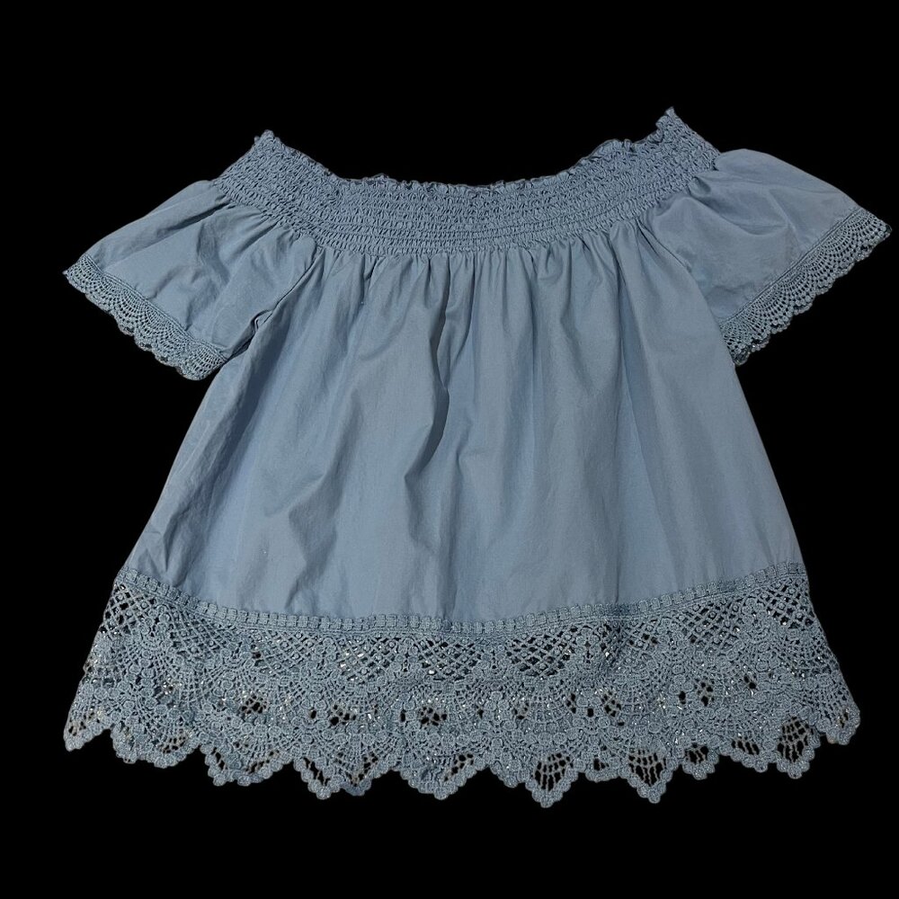 Crave Frame Dusty Blue Off Shoulder Lace Sleeve Summer Blouse Size M